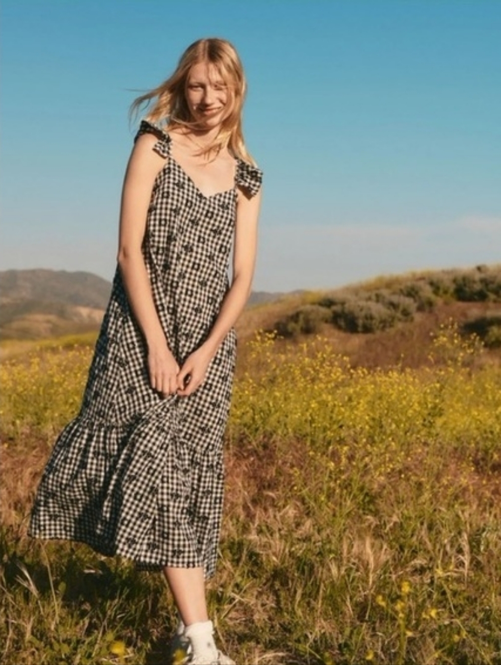 Madewell Gingham Ruffle Hem Tent Midi Dress Embroidered Tie Back Size 8 Boho